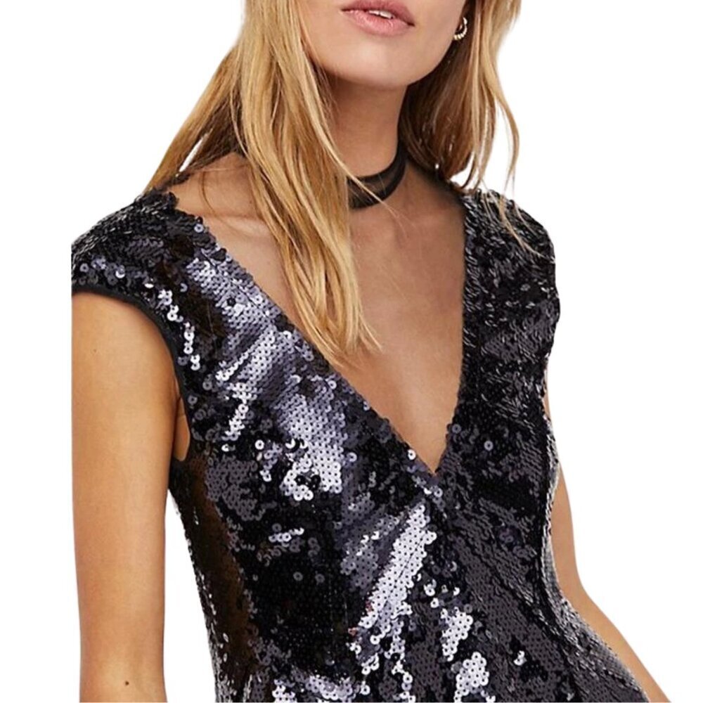 NEW Free People Dance Til Dawn Sequin Mesh Mini Dress in Black Sz. S - Picture 4 of 4